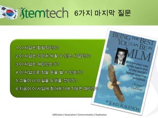 Edification / Association / Communication / Duplication
2.이 사업은 간단하게 할 수 있는 사업인가?
3.이 사업은 재미있는가?
4.이 사업으로 정말 돈을 벌 수 있는가?
5.그들이 나의 일을 도와줄 것인가?
1.이 사업은 합법적인가?
6.지금이 이 사업에 참여하기에 적당한 때인가?
6가지 마지막 질문
 