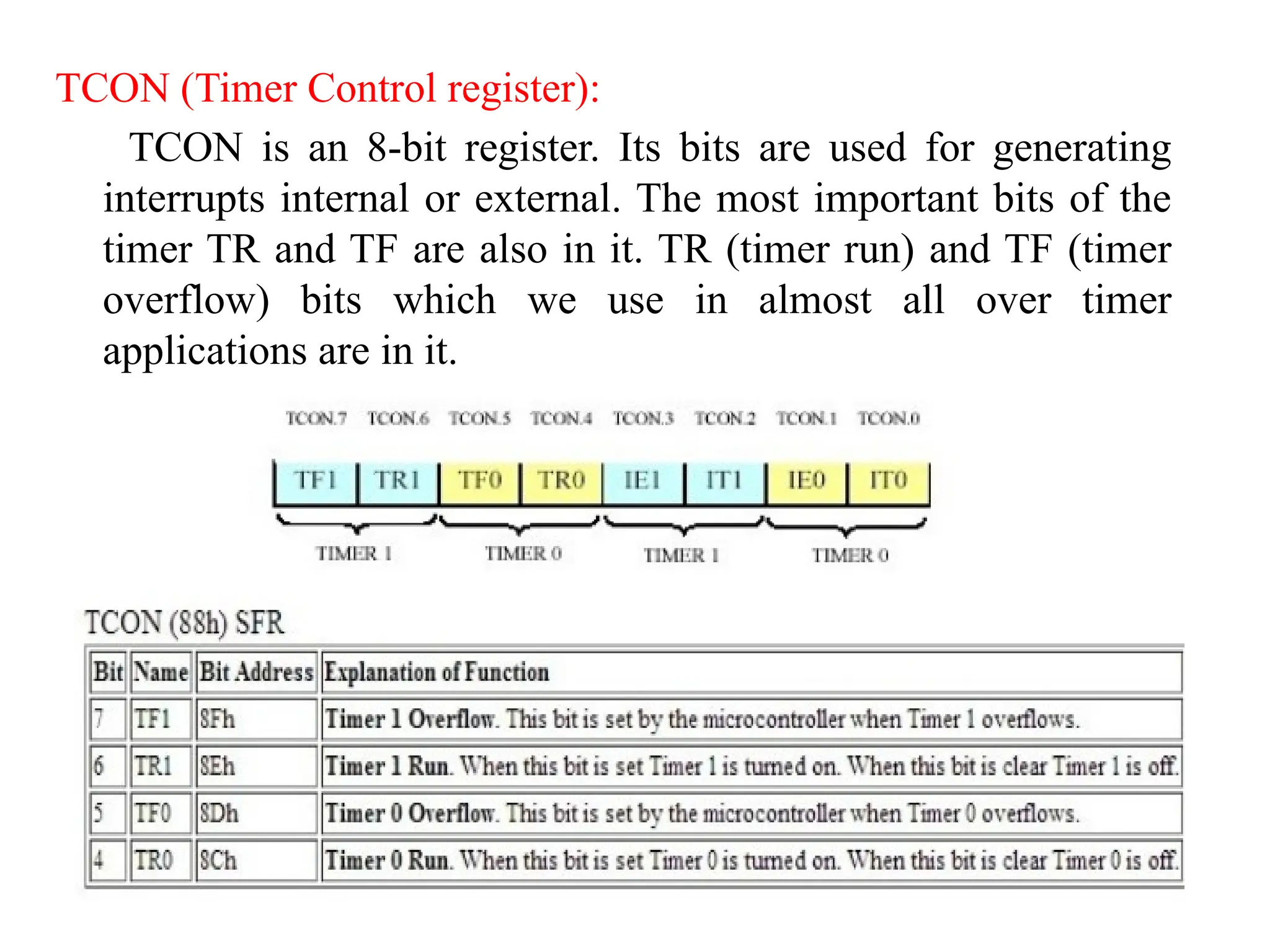 TCON (Timer Control register):
TCON is an 8-bit register. Its bits are used for generating
interrupts internal or external. The most important bits of the
timer TR and TF are also in it. TR (timer run) and TF (timer
overflow) bits which we use in almost all over timer
applications are in it.
 