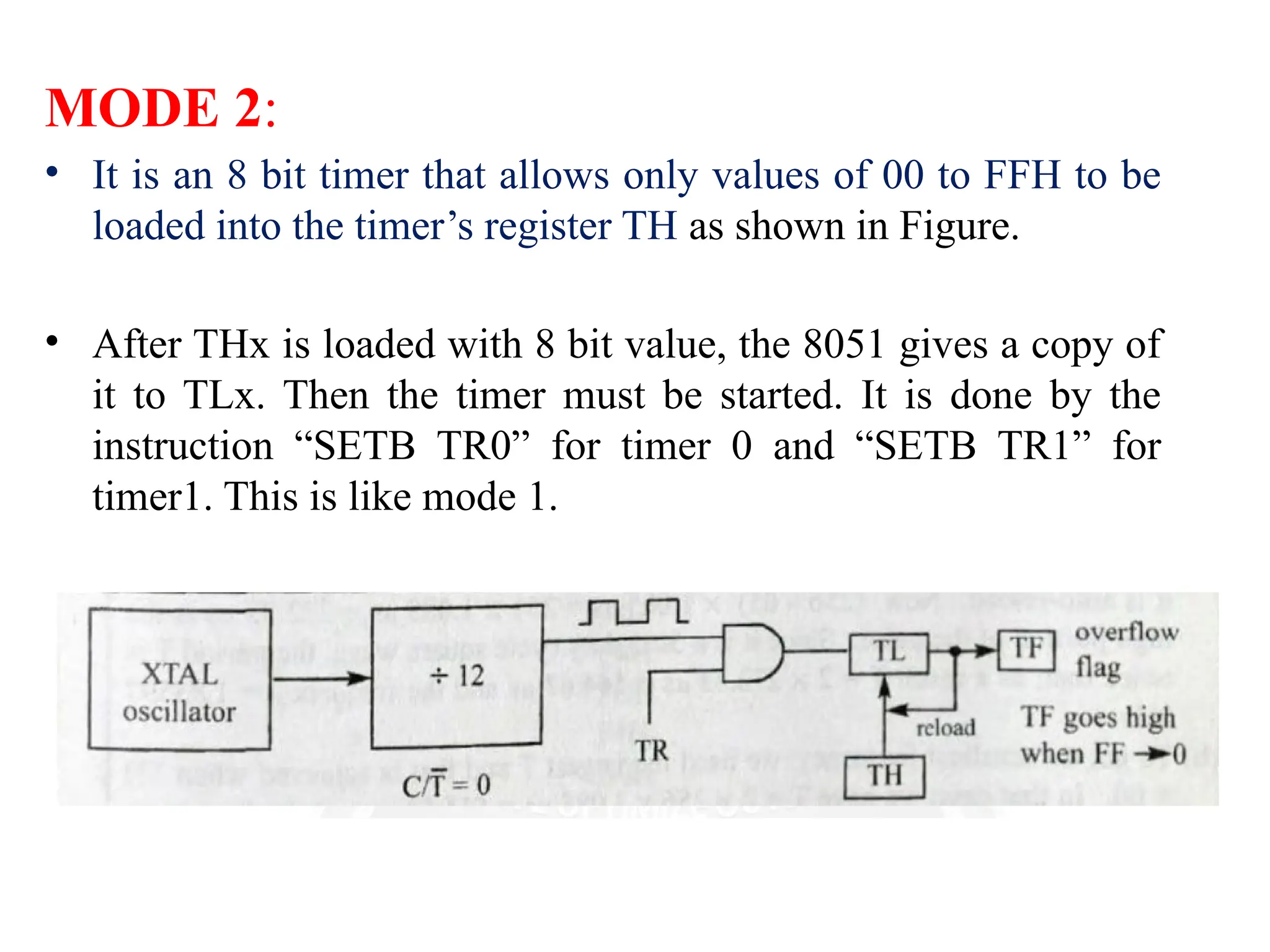 MODE 2:
• It is an 8 bit timer that allows only values of 00 to FFH to be
loaded into the timer’s register TH as shown in Figure.
• After THx is loaded with 8 bit value, the 8051 gives a copy of
it to TLx. Then the timer must be started. It is done by the
instruction “SETB TR0” for timer 0 and “SETB TR1” for
timer1. This is like mode 1.
 