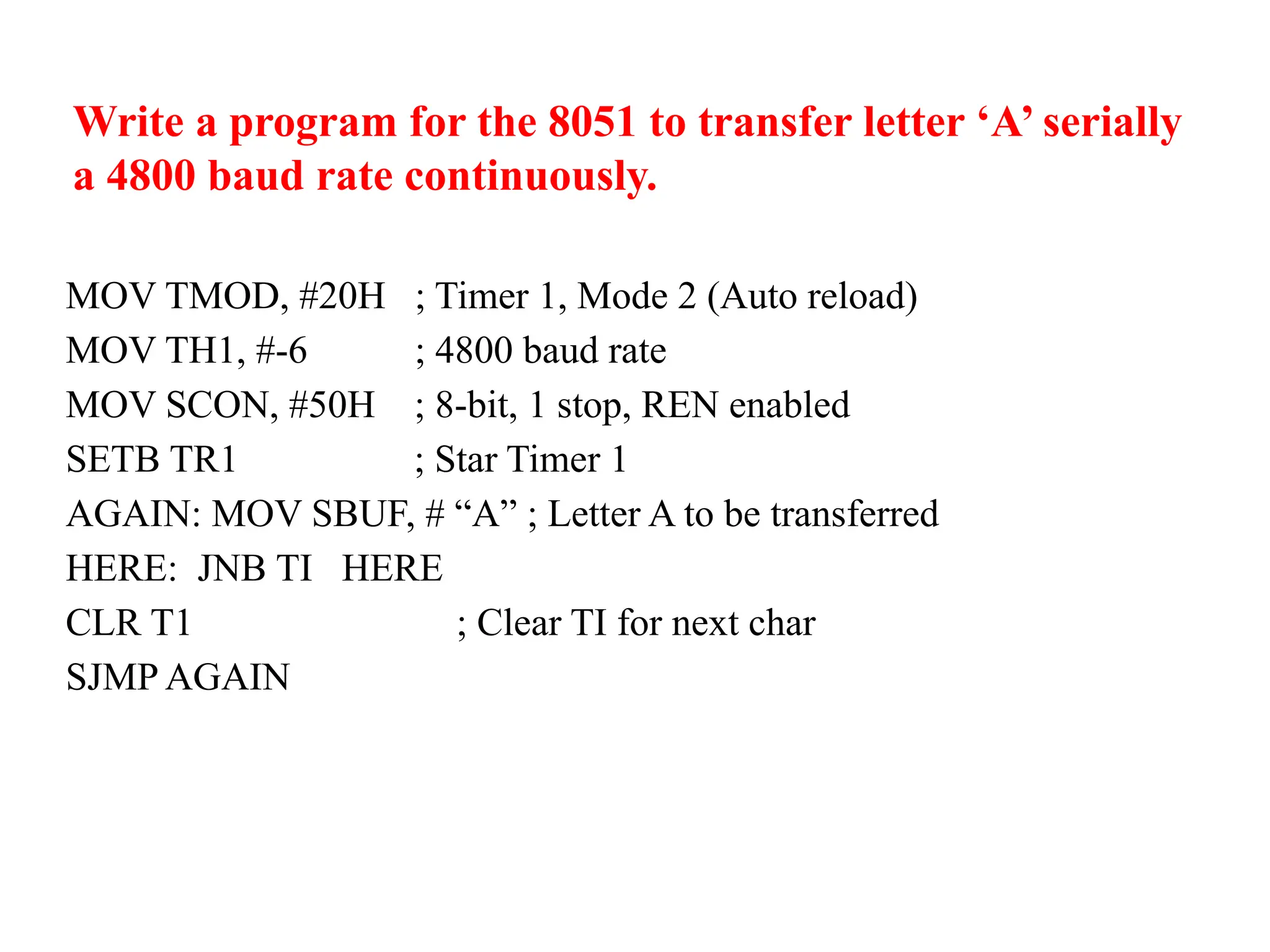 Write a program for the 8051 to transfer letter ‘A’ serially
a 4800 baud rate continuously.
MOV TMOD, #20H ; Timer 1, Mode 2 (Auto reload)
MOV TH1, #-6 ; 4800 baud rate
MOV SCON, #50H ; 8-bit, 1 stop, REN enabled
SETB TR1 ; Star Timer 1
AGAIN: MOV SBUF, # “A” ; Letter A to be transferred
HERE: JNB TI HERE
CLR T1 ; Clear TI for next char
SJMP AGAIN
 