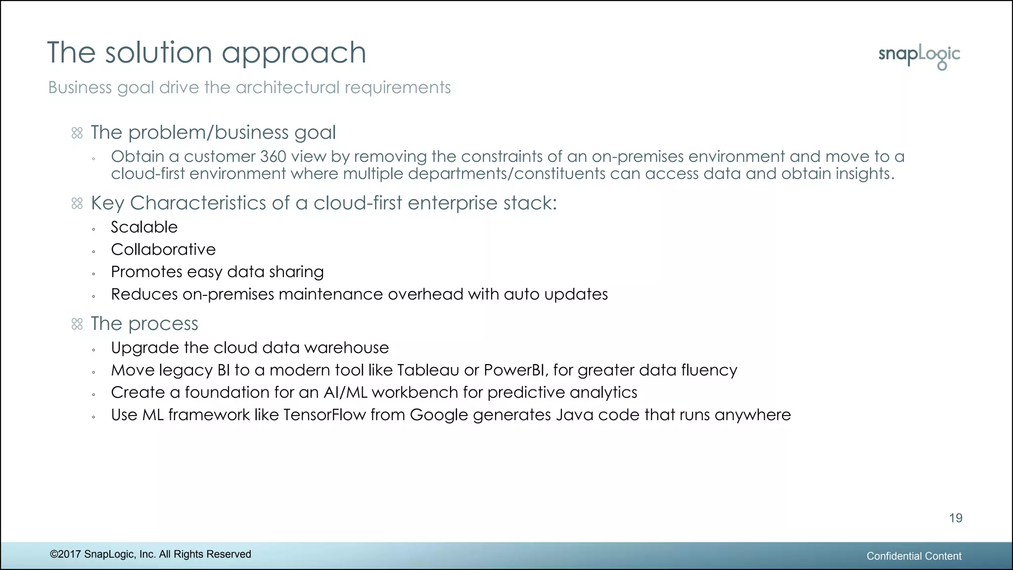 The solution approach
Confidential Content
19
Business goal drive the architectural requirements
©2017 SnapLogic, Inc. All Rights Reserved
The problem/business goal
◦ Obtain a customer 360 view by removing the constraints of an on-premises environment and move to a
cloud-first environment where multiple departments/constituents can access data and obtain insights.
Key Characteristics of a cloud-first enterprise stack:
◦ Scalable
◦ Collaborative
◦ Promotes easy data sharing
◦ Reduces on-premises maintenance overhead with auto updates
The process
◦ Upgrade the cloud data warehouse
◦ Move legacy BI to a modern tool like Tableau or PowerBI, for greater data fluency
◦ Create a foundation for an AI/ML workbench for predictive analytics
◦ Use ML framework like TensorFlow from Google generates Java code that runs anywhere
 