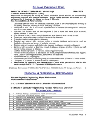 K.SZCZYRBA PAGE 4
RREELLEEVVAANNTT EEXXPPEERRIIEENNCCEE CCOONNTT::
FINANCIAL MODEL COMPANY INC, Mississauga 1998 – 2004
Da...