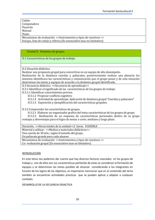 Formación Sociocultural II
26
Cañón
Computadora
Pizarrón
Manual
Hojas.
Mecanismos de evaluación <<Instrumentos y tipos de reactivos >>
Ensayo, lista de cotejo y rúbrica (Es enunciativo mas no limitativo)
Unidad II. Dinámica de grupos.
II.1 Características de los grupos de trabajo.
II.2 Situación didáctica
Realizar una propuesta grupal para convertirse en un equipo de alto desempeño.
Realización de la dinámica cuerdas y paliacates, posteriormente realizar una plenaria los
alumnos identificara las características y comunicación que el grupo posee y de esta situación
determinar las metas y equipos de acuerdo a la dinámica grupal identificada.
II.3 Secuencia didáctica <<Secuencia de aprendizaje>>
II.3.1 Identificar el significado de las características de los grupos de trabajo
II.3.1.1 Identificar conocimientos previos.
II.3.1.2 Propiciar conflicto cognitivo
II.3.1.4 Actividad de aprendizaje. Aplicación de dinámica grupal “Cuerdas y paliacates”
II.3.1.5 Exposición y ejemplificación del características grupales.
II.3.2 Comprender las características de grupos.
II.3.2.1 Elaborar un organizador grafico del tema características de los grupos de grupo
II.3.2.2 Realización de un esquema de características personales dentro de su grupo
ventajas y desventajas para el logro de metas a corto, mediano y largo plazo.
Duración: <<Horas totales de la unidad>>2 horas FLEXIBLE
Material a utilizar: <<Medios y materiales didácticos>>
Una cuerda de 30 mts., según el tamaño del grupo.
Un paliacate grande para cada alumno
Mecanismos de evaluación <<Instrumentos y tipos de reactivos >>
Co- evaluación grupal (Es enunciativo mas no limitativo)
INTRODUCCIÓN
En este tema nos podemos dar cuenta que hay diversos factores asociados en los grupos de
trabajo y uno de ellos son sus características partiendo de estas se consideran la formación de
equipos y se determinan las metas posibles de alcanzar considerando a los integrantes en
función de los logros de los objetivos, es importante mencionar que en el contenido del tema
también se encuentran actividades practicas que se pueden aplicar y adaptar a cualquier
contexto.
DESARROLLO DE LA SECUENCIA DIDACTICA
 