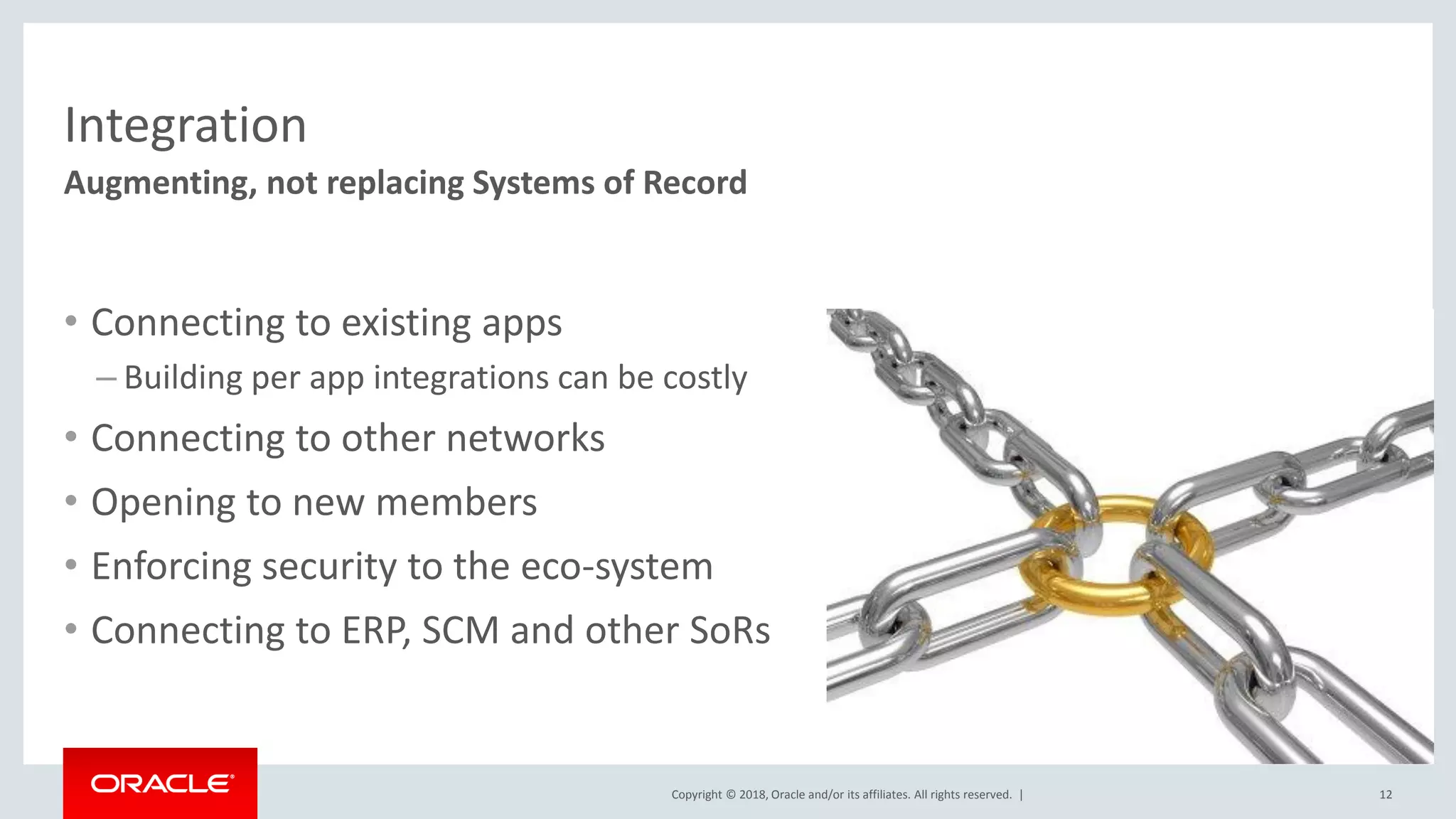 Copyright © 2018, Oracle and/or its affiliates. All rights reserved. |
Integration
• Connecting to existing apps
– Building per app integrations can be costly
• Connecting to other networks
• Opening to new members
• Enforcing security to the eco-system
• Connecting to ERP, SCM and other SoRs
12
Augmenting, not replacing Systems of Record
 