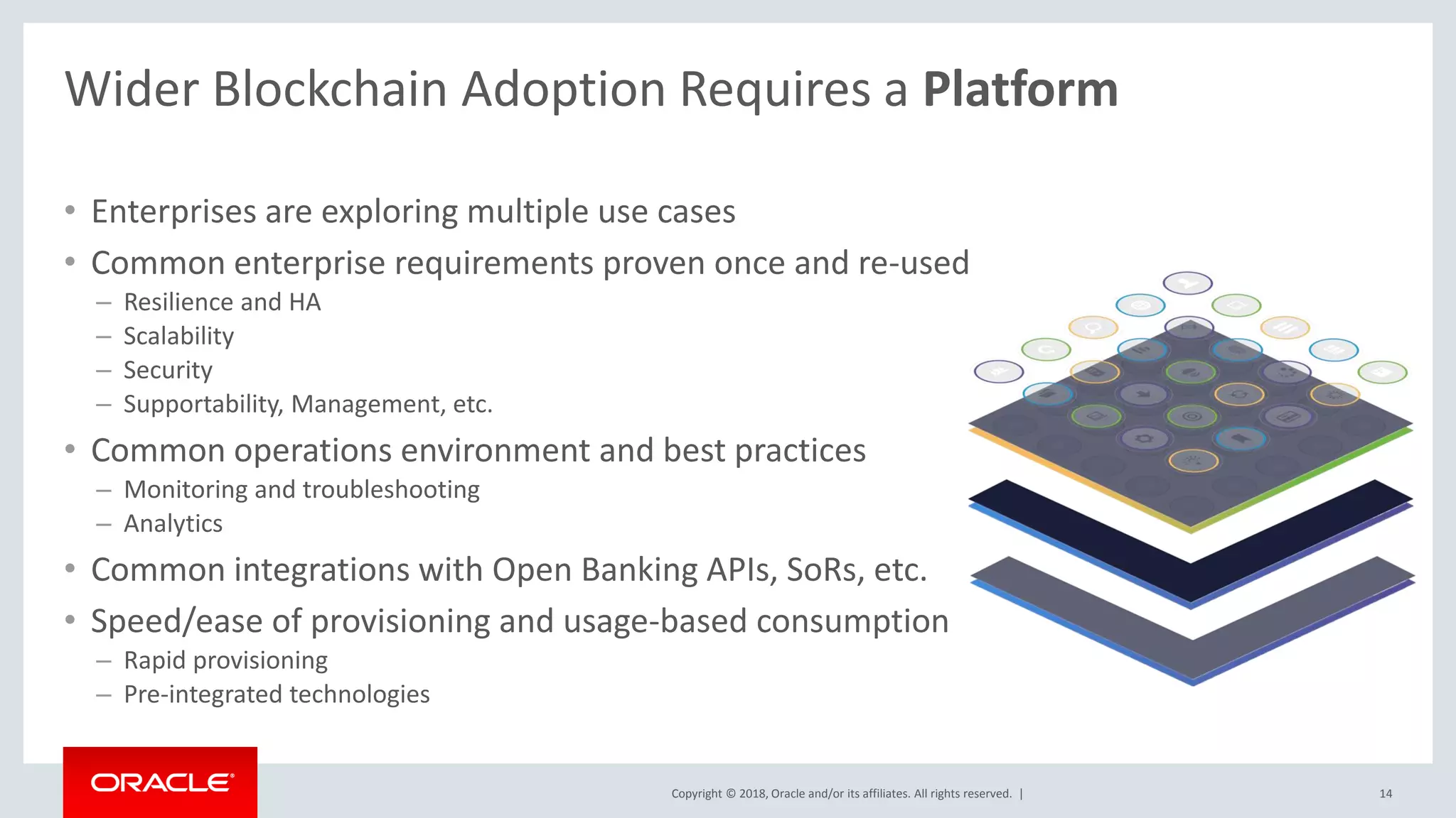Copyright © 2018, Oracle and/or its affiliates. All rights reserved. |
Wider Blockchain Adoption Requires a Platform
• Enterprises are exploring multiple use cases
• Common enterprise requirements proven once and re-used
– Resilience and HA
– Scalability
– Security
– Supportability, Management, etc.
• Common operations environment and best practices
– Monitoring and troubleshooting
– Analytics
• Common integrations with Open Banking APIs, SoRs, etc.
• Speed/ease of provisioning and usage-based consumption
– Rapid provisioning
– Pre-integrated technologies
14
 