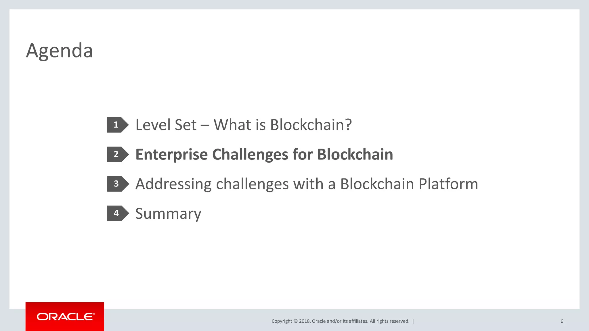 Copyright © 2018, Oracle and/or its affiliates. All rights reserved. |
Agenda
Level Set – What is Blockchain?
Enterprise Challenges for Blockchain
Addressing challenges with a Blockchain Platform
Summary
6
3
2
1
4
 