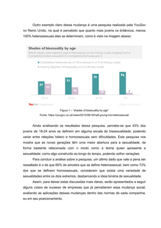 Outro exemplo claro dessa mudança é uma pesquisa realizada pela YouGov
no Reino Unido, na qual é percebido que quanto mais jovens os britânicos, menos
100% heterossexuais eles se determinam, como é visto na imagem abaixo:
Figura 1 – “shades of bisexuality by age”
Fonte: https://yougov.co.uk/news/2015/08/16/half-young-not-heterosexual/
Ainda analisando os resultados dessa pesquisa, percebe-se que 43% dos
jovens de 18-24 anos se definem em alguma escala de bissexualidade, podendo
variar entre relações hétero e homossexuais sem dificuldades. Esta pesquisa nos
mostra que as novas gerações têm uma maior abertura para a sexualidade, de
forma bastante relacionada com o modo como a teoria queer apresenta a
sexualidade: como algo construído ao longo do tempo, podendo sofrer variações.
Para concluir a análise sobre a pesquisa, um último dado que vale a pena ser
ressaltado é o de que 60% da amostra que se define heterossexual, bem como 73%
dos que se definem homossexuais, consideram que exista uma variedade de
sexualidades entre os dois extremos, desbancando a ideia binária de sexualidade.
Assim, para deixar estas discussões mais claras, serão apresentados a seguir
alguns cases de sucesso de empresas que já perceberam essa mudança social,
avaliando as aplicações dessas mudanças dentro das normas de cada companhia,
ou em seu posicionamento.
 