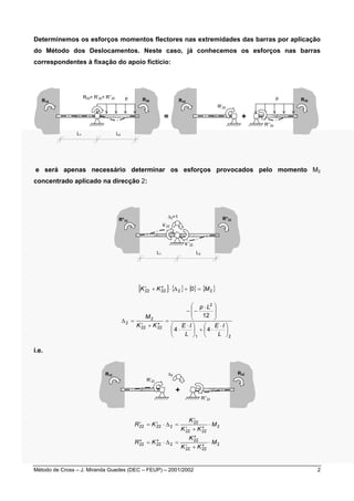 Determinemos os esforços momentos flectores nas extremidades das barras por aplicação 
do Método dos Deslocamentos. Neste caso, já conhecemos os esforços nas barras 
correspondentes à fixação do apoio fictício: 
R10 R30 R20= R’20+ R’’20 p 
L1 L2 
R10 
R’20 
p R30 
R’’20 
= + 
e será apenas necessário determinar os esforços provocados pelo momento M2 
concentrado aplicado na direcção 2: 
Δ2=1 
k’22 
R*12 R*32 
k’’22 
L1 L2 
[ ] { } { } { } K2′2 + K2′′2 ⋅ Δ2 + 0 = M2 
2 
 ⋅ 
− − 
p L 
12 
 
  
 
 ⋅ 
  
 
 
  ⋅ 
E I 
4 4 
 
 
⋅ +  
 
E I 
L 
1 2 
2 
M 
′ + ′′ 
K K 
22 22 
Δ = 
2 
⋅ 
= 
L 
i.e. 
R12 
R’22 
R32 
R’’22 
+ 
Δ2 
2 
2 
′ 
22 
K 
′ + ′′ 
K K 
22 22 
′′ 
22 
K 
′ + ′′ 
K K 
22 22 
′ = ′ ⋅ Δ = 
R K 
22 22 2 
′′ = ′′ ⋅ Δ = 
R K 
22 22 2 
M 
M 
⋅ 
⋅ 
Método de Cross – J. Miranda Guedes (DEC – FEUP) – 2001/2002 2 
 
