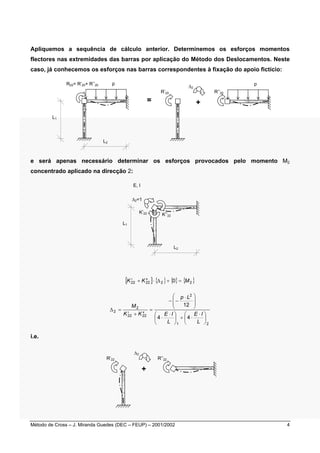 Apliquemos a sequência de cálculo anterior. Determinemos os esforços momentos 
flectores nas extremidades das barras por aplicação do Método dos Deslocamentos. Neste 
caso, já conhecemos os esforços nas barras correspondentes à fixação do apoio fictício: 
p 
L1 
= 
L2 
R20= R’20+ R’’20 
R’’20 
p 
R’20 
+ 
Δ2 
e será apenas necessário determinar os esforços provocados pelo momento M2 
concentrado aplicado na direcção 2: 
L1 
E, I 
L2 
Δ2=1 
K’22 K’’22 
[ ] { } { } { } K2′2 + K2′′2 ⋅ Δ2 + 0 = M2 
2 
 ⋅ 
− − 
p L 
12 
 
  
 
 ⋅ 
  
 
 
 ⋅ 
E I 
4 4 
 
 
⋅ +  
 
E I 
L 
1 2 
2 
M 
′ + ′′ 
K K 
22 22 
Δ = 
2 
 
⋅ 
= 
L 
i.e. 
Δ2 
R’22 R’’22 
+ 
Método de Cross – J. Miranda Guedes (DEC – FEUP) – 2001/2002 4 
 