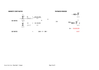 Rumah Sakit Islam “Ibnu Sina” – Cianjur Page 25 of 52
BENEFIT COST RATIO PAYBACK PERIOD
n
Bt = 87,212,109 t = 1
(1+ i )
t
1.7
t = 1 n
n OR
Ct = 35,148,500
(1+ i )
t
1.7 t = 1
t = 1
0 = -150,000,000
BC RATIO = 2.48 > 1 OK ! 34.57
∑
BC RATIO
0 = KO + ∑ ( Bt - Ct )
∑
- KO =∑
 