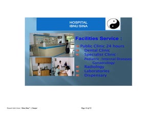 Rumah Sakit Islam “Ibnu Sina” – Cianjur Page 32 of 52
Facilities Service :
Public Clinic 24 hours
Dental Clinic
Specialist Clinic :
Pediatric /Internal Diseases/
Gynaecology
Radiology
Laboratories
Dispensary
HOSPITAL
IBNU SINA
 