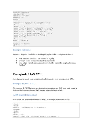 <th>Lastname</th>
<th>Age</th>
<th>Hometown</th>
<th>Job</th>
</tr>";

while($row = mysql_fetch_array($result))
 {
 echo "<tr>";
 echo "<td>" . $row['FirstName'] . "</td>";
 echo "<td>" . $row['LastName'] . "</td>";
 echo "<td>" . $row['Age'] . "</td>";
 echo "<td>" . $row['Hometown'] . "</td>";
 echo "<td>" . $row['Job'] . "</td>";
 echo "</tr>";
 }
echo "</table>";

mysql_close($con);
?>

Exemplo explicado

Quando a pergunta é emitida do Javascript à página de PHP o seguinte acontece:

   1. PHP abre uma conexão a um usuário de MySQL
   2. O “user” com o nome especificado é encontrado
   3. Uma tabela é criada e os dados são introduzidos e emitidos ao placeholder do
      “txtHint”




Exemplo de AJAX XML
AJAX pode ser usado para uma comunicação interativa com um arquivo de XML.

Exemplo de AJAX XML

No exemplo de AJAX abaixo nós demonstraremos como um Web page pode buscar a
informação de um arquivo de XML usando a tecnologia de AJAX.

AJAX Example Explained

O exemplo um formulário simples do HTML e uma ligação a um Javascript:

<html>
<head>
<script src="selectcd.js"></script>
</head>
<body>
<form>
Select a CD:
<select name="cds" onchange="showCD(this.value)">
 