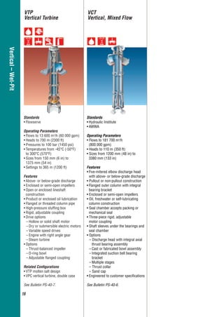 16
Overhung–GeneralIndustry
Vertical–Wet-Pit
VTP
Vertical Turbine
VCT
Vertical, Mixed Flow
Standards
• Flowserve
Operating Parameters
• Flows to 13 600 m3
/h (60 000 gpm)
• Heads to 700 m (2300 ft)
• Pressures to 100 bar (1450 psi)
• Temperatures from -45°C (-50°F)
to 300°C (570°F)
• Sizes from 150 mm (6 in) to
1375 mm (54 in)
• Settings to 365 m (1200 ft)
Features
• Above- or below-grade discharge
• Enclosed or semi-open impellers
• Open or enclosed lineshaft
construction
• Product or enclosed oil lubrication
• Flanged or threaded column pipe
• High-pressure stufﬁng box
• Rigid, adjustable coupling
• Drive options
– Hollow or solid shaft motor
– Dry or submersible electric motors
– Variable speed drives
– Engine with right angle gear
– Steam turbine
• Options
– Thrust-balanced impeller
– O-ring bowl
– Adjustable ﬂanged coupling
Related Conﬁgurations
• VTP molten salt design
• VPC vertical turbine, double case
See Bulletin PS-40-7.
Standards
Hydraulic Institute
WW
Operating Parameters
Flows to 181 700 m3
/h
(800 000 gpm)
Heads to 110 m (350 ft)
Sizes from 1200 mm (48 in) to
3380 mm (133 in)
Features
Five-mitered elbow discharge head
with above- or below-grade discharge
Pullout or non-pullout construction
Flanged outer column with integral
bearing bracket
Enclosed or semi-open impellers
Oil, freshwater or self-lubricating
column construction
Seal chamber accepts packing or
mechanical seal
Three-piece rigid, adjustable
motor coupling
Shaft sleeves under the bearings and
seal chamber
Options
– Discharge head with integral axial
thrust bearing assembly
– Cast or fabricated bowl assembly
– Integrated suction bell bearing
bracket
– Multiple stages
– Thrust collar
– Sand cap
Engineered to customer speciﬁcations
See Bulletin PS-40-6.
福斯中国EN-20151104.indd 16 2015/12/7 10:55:19
 