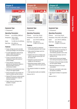 27
CompressorSeals
Equipment Type
Compressors
Operating Parameters
Pressure up to 250 bar (3600 psi)
Temperature -100 to 230°C
(-150 to 450°F)
Speed 1 to 250 m/s (3 to 820 fps)
Shaft Sizes 40 to 360 mm
(1.500 to 14.125 inch)
Features
Single cartridge seal with controlled
process gas leakage to the atmosphere
For clean applications where the gas
sealed is neither ﬂammable nor
harmful to the atmosphere
Circpac or labyrinth seals may be
integrated to reduce the amount of
process leakage
Choice between T-Groove face
geometry for bidirectional rotation or
Advanced Pattern Groove for
unidirectional rotation
Seal faces are noncontacting from slow
roll up to the highest speeds
Spring energized O-ring provides low
drag for excellent seal face tracking
ptional PTFE dynamic sealing element
extends the temperature range and
chemical resistance
Higher pressures and larger sizes
available on request
Reference FSD113
Equipment Type
Compressors
Operating Parameters
Pressure up to 5 bar (70 psi)
Temperature -40 to 80°C (180°F)
Speed up to 140 m/s (460 fps)
Shaft Sizes 40 to 360 mm
(1.500 to 14.125 inch)
Features
Carbon ring seals for continuous
noncontacting operation and no wear
Helps protect the Gaspac seal from
bearing oil mist
Applied to the front of a Gaspac seal,
works to separate process gas from
the Gaspac seal
Designed to prevent process gas
leakage into the bearing oil
Bidirectional design handles reverse
rotation which means less spare parts
inventory
No dewpoint limitation for separation
gas
High operational safety and reliability
Reference FSD113
Equipment Type
Compressors
Operating Parameters
Pressure up to 5 bar (70 psi)
Temperature -40 to 140°C (-40 to 280°F )
Speed up to 140 m/s (460 fps)
Shaft Sizes 40 to 360 mm
(1.500 to 14.125 inch)
Features
Balanced ﬂoating carbon ring design
Bidirectional T-Groove technology on
the inside diameter provides
noncontacting operation and no wear
Helps protect the Gaspac seal from
bearing oil mist
Helps prevent process gas leakage
from entering the bearing oil chamber
Precision mortise joint design provides
low joint bypass leakage
Minimized clearance for low gas
consumption
Same gas consumption under static
and dynamic conditions
No dewpoint limitation for separation
gas
Reference FSD113
Gaspac S
Single compressor seals
Circpac CB
Carbon ring seals
Circpac LO
Carbon ring seals
福斯中国EN-20151104.indd 27 2015/12/7 10:55:28
 