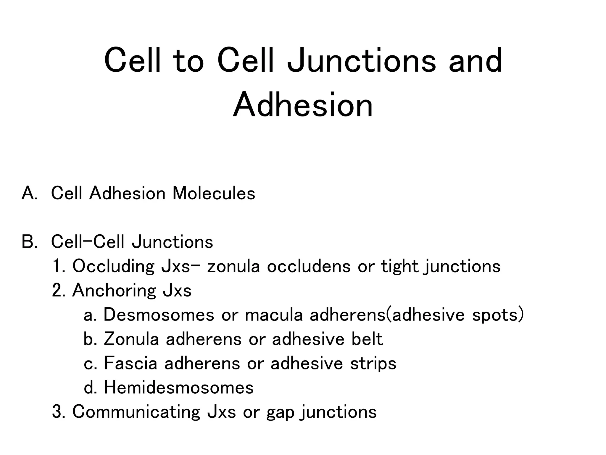 Cell to Cell Junctions and
Adhesion
A. Cell Adhesion Molecules
B. Cell-Cell Junctions
1. Occluding Jxs- zonula occludens or tight junctions
2. Anchoring Jxs
a. Desmosomes or macula adherens(adhesive spots)
b. Zonula adherens or adhesive belt
c. Fascia adherens or adhesive strips
d. Hemidesmosomes
3. Communicating Jxs or gap junctions
 
