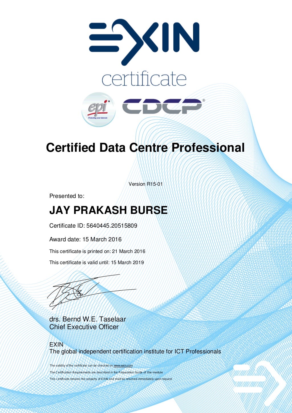 EXIN EPI CDCP Certificate
