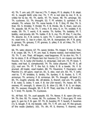 42. Th. T. om. yet; (Ff. has ne.) Th. T. slepe; Ff. S. slepte; F. B. slept.
43. S. naught likith vnto me; Th. T. Ff. is not lyke to me; F. B. is
vnlike for to be. 45. Th. darte. 47. Th. howe. 48. Th. amonge. 50.
Th. cuckowe. 51. Th. thought. 52. T. Ff. whider; S. quhider; F. B.
whedir; Th. where. 54. Th. none herde. F. B. T. this; Ff. the; Th. S.
that. 55. S. thridde; T. thridd; Th. F. B. thirde. 56. S. than; rest om.
Th. aspyde. 58. Ff. to; Th. T. vnto; F. B. into; S. in. Th. wodde; F. B.
wode. 59. Th. T. went; F. B. wente. Th. forthe. Th. boldely; Ff. T.
boldly; rest priuely. 60. Th. helde. F. B. S. my; Th. Ff. the; T. me the.
Th. downe. 61. F. B. come; S. cam; Th. T. came (read com). 62. All
in; read inne. S. has in y-ben. 63, 64. B. transposes. 64. F. B. gras;
S. greses; Th. greues; T. Ff. grenes. S. ylike; F. B. al I-like; Th. T. Ff.
lyke. 65. Th. els.
66. Th. sate; downe. 67. Th. sawe; birdes. Th. trippe; T. trip; S. flee;
F. B. crepe. 68. Th. T. Ff. om. had. S. thame rested; rest rested hem.
70. Th. T. om. That. All began; read begonne. Ff. to don hir; Th. T.
for to done. F. B. of Mayes ben her houres (!); S. on mayes vss thair
houres. 72. S. lusty (for lovely). S. straunge; rest om. 73. Ff. lowe. T.
hade; rest had. S. compleyned. 74. Th. voice yfayned. 75. Ff. S. all
(2); rest om. Th. Ff. T. the ful; S. fulle; F. B. a lowde. 76. F. B.
pruned. All made; read maden. 80. Th. Feuerere; T. Feuirȝere; rest
Marche (!). All upon; read on. 81. S. eke; rest om. 83. Th. T. with;
rest to. T. Ff. briddes; S. birdis; Th. byrdes; F. B. foules. S. T. Ff.
armonye; Th. armony; F. B. ermonye. 84. Th. thought. All best (!).
85. Th. myght; yherde. 86. All delyte. S. therof; rest om. Th. wotte;
F. B. note; S. wote; T. wot. F. B. ner (for never). Th. howe. 87. Th.
swowe; Ff. swough; S. slowe (!); B. slow (!). 88. F. B. S. on slepe.
89. Th. swowe; thought. 90. F. B. Ff. That; rest the. F. B. Ff. bridde;
S. T. brid; Th. byrde. Th. Cuckowe.
91. All fast. 92. Th. yuel apayde. 93. Th. Nowe. F. B. vpon (for on).
94. Th. the. 95. Th. nowe. 96. Th. cuckowe. Th. T. thus gan; Ff. now
gan; S. gan to; F. B. gan. 97. Th. B. busshe; Ff. T. bussh; F. busshes
(!); S. beugh. F. B. me beside. 100. Th. T. Ff. om. out. Ff. the greues
of the wode (better). 101. Th. Ah. Ff. S. thenne; T. thanne; rest
 