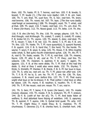 then. 102. Th. haste. Ff. S. T. henne; rest hen. 103. F. B. lewde; S.
lewed; T. Ff. loude (!). (The line runs badly.) 104. F. B. om. hast.
105. Th. T. om. that. Th. yuel fyre. Th. S. her; rest him. Th. bren;
rest brenne. 106. Th. nowe; tel. 107. Th. laye. (The line runs badly;
read longë or swowening.) 108. Th. thought; wyst. Th. T. what; rest
al that. 109. Th. sayd. 110. T. hade; rest had. 111. Th. om. And. Th.
T. there (for than). 112. Th. Nowe good. 113. Th. lette. 114. Th. the.
116. F. B. she (for he). Th. the. 118. Th. songe; playne. 119. Th. T.
And though; rest Al-though. Th. crakel; T. crakil; S. crekill; Ff. crake;
F. B. breke hit (!). Th. vayne. 120. Th. doest; S. dois; rest dost. Th.
Ff. S. neuer; T. not; F. B. ner. 122. Th. done; T. S. Ff. do; F. B. om.
Th. the. 123. Th. haste. Th. T. Ff. nyce queynt(e); S. queynt feyned;
F. B. queint. 124. F. B. S. herd the; T. the herd; Th. the herde. Th.
sayne; T. seyn; F. B. seye; S. sing. 125. Th. Howe. F. B. Who myghte
wete what; S. Bot quho mycht vnderstand quhat. 126. Th. Ah; Ff. T.
A; rest O. Th. foole; woste. Th. T. Ff. it; rest that. 128. Th. meane;
fayne. 129. Ff. alle; S. all; rest al. Th. T. Ff. they; rest tho. Th.
yslayne. 130. Th. meanen. S. aȝeines; F. B. ayen; T. again; Th.
agayne. 131. F. B. al tho were dede; Th. T. Ff. that al tho had the
dede. S. And al they I wold also were dede. 132. Th. thynke; T.
think; S. thinkith; Ff. thenke; F. B. thenk. F. B. S. Ff. her lyue in loue.
133. Th. S. who so; rest om. so. Th. T. Ff. place not after wol. 134.
Th. T. F. B. Ff. he is; S. om. he. Th. Ff. T. om. for. 136. Th. Eye;
cuckowe. F. B. insert ywis before this. 137. Th. T. Ff. That euery
wight shal loue or be to-drawe; F. B. That eyther I shal love or elles
be slawe. 139. Th. myne. F. B. neyther; S. nouthir; Th. T. Ff. not.
140. Th. T. Ff. Ne neuer; rest om. neuer. Th. T. on; rest in.
141. Th. S. ben; Ff. T. bene; F. B. lyven (for been). 142. Th. moste
(twice); disease. 143. Th. moste. F. B. S. enduren; Th. Ff. T. endure.
144. So F. B. (with of her for of); Th. T. Ff. And leste felen of
welfare; S. And alderlast have felyng of welefare. 145. S. aȝeynes;
Th. B. ayenst; F. T. ayens. 146. S. Quhat brid quod. Th. arte. 147.
Th. T. Ff. might thou; F. maist thou; B. S. maistow. Th. Ff.
churlnesse; T. clerenes (!); F. B. cherles hert; S. cherlish hert. 148.
 
