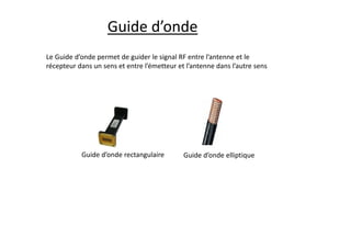 Guide d’onde
Guide d’onde rectangulaire Guide d’onde elliptique
Le Guide d’onde permet de guider le signal RF entre l’antenne et le
récepteur dans un sens et entre l’émetteur et l’antenne dans l’autre sens
 