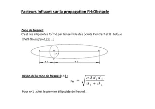 Facteurs influant sur la propagation FH:Obstacle
Zone de fresnel:
C’est les ellipsoïdes formé par l’ensemble des points P entre T et R telque
Rayon de la zone de fresnel (Fn ) :
Fn
Pour n=1 , c’est le premier éllipsoide de fresnel .
 
