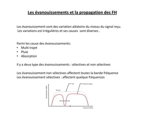 Les évanouissements et la propagation des FH
Les évanouissement sont des variation aléatoire du niveau du signal reçu.
Les variations est irrégulières et ses causes sont diverses .
Parmi les cause des évanouissements:
• Multi trajet
• Pluie
• Absorption
Il y a deux type des évanouissements : sélectives et non sélectives
Les évanouissement non sélectives affectent toutes la bande fréquence
Les évanouissement sélectives : affectent quelque fréquences
 