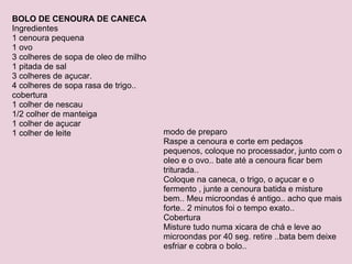 BOLO DE CENOURA DE CANECA Ingredientes 1 cenoura pequena 1 ovo 3 colheres de sopa de oleo de milho 1 pitada de sal 3 colheres de açucar. 4 colheres de sopa rasa de trigo.. cobertura 1 colher de nescau 1/2 colher de manteiga 1 colher de açucar 1 colher de leite modo de preparo Raspe a cenoura e corte em pedaços pequenos, coloque no processador, junto com o oleo e o ovo.. bate até a cenoura ficar bem triturada.. Coloque na caneca, o trigo, o açucar e o fermento , junte a cenoura batida e misture bem.. Meu microondas é antigo.. acho que mais forte.. 2 minutos foi o tempo exato.. Cobertura Misture tudo numa xicara de chá e leve ao microondas por 40 seg. retire ..bata bem deixe esfriar e cobra o bolo.. 