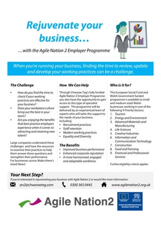 Rejuvenate your
business…
…with the Agile Nation 2 Employer Programme
When you’re running your business, finding the time to review, update
and develop your working practices can be a challenge.
The Challenge
• How do you find the time to
check if your working
practices are effective for
your business?
• Does your workplace culture
bring out the best in your
team?
• Are you enjoying the benefits
that best practice employers
experience when it comes to
attracting and retaining new
talent?
Large companies understand these
challenges and have the resources
to examine their practices to help
them answer these questions and
strengthen their performance.
For businesses across Wales there’s
Good News!
How We Can Help
Through Chwarae Teg’s fully funded
Agile Nation 2 Employer Programme
you also have the opportunity to gain
access to this type of specialist
support. The programme will be
delivered by an experienced team of
experts who will tailor the support to
the needs of your business.
Including:
• Recruitment practices
• Staff retention
• Modern working practices
• Equalityand Diversity
The Benefits
• Improved business performance
• Enhanced corporate reputation
• A more harmonised, engaged
and adaptableworkforce.
Who is it for?
This European Social Fund and
Welsh Government funded
programme is available to small
and medium sized Welsh
businesses working in one of the
following 9 Priority Sectors:
1. Tourism
2. Energy and Environment
3. Advanced Materials and
Manufacturing
4. Life Sciences
5. Creative Industries
6. Information and
Communication Technology
7. Construction
8. Food and Farming
9. Financial and Professional
Services
Further eligibility criteria applies.
Your Next Step?
If you’re interested in rejuvenating your business with Agile Nation 2 or would like more information:
an2@chwaraeteg.com 0300 365 0445 www.agilenation2.org.uk
 