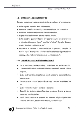 Negociación

                                                      Enfoque asertivo en la Negociación




    14.2.- EXPRESAR LOS SENTIMIENTOS

      Consiste en expresar nuestros sentimientos sin culpar a la otra persona.

          Evite negar o aferrarse a los sentimientos.
          Mantener un estilo moderado y control emocional, no dramatizar.
          Evitar los estallidos emocionales desencadenantes.
          Expresar los sentimientos de una manera positiva.
         Evitar palabras que ridiculicen o avergüencen, junto con expresiones
          y etiquetas tales como "tonto”, "egoísta" e "idiota". Ejemplo: "Eres un
          cruel y desalmado al tratarme así".
          No atacar el carácter o personalidad de la persona. Ejemplo: "Si
          fueses capaz de organizar tu tiempo serías capaz de lograr hacer las
          cosas y éstas no terminarían siempre en mi despacho".


    14.3.- DEMANDAR LOS CAMBIOS O ACCIONES

           Hacer una demanda directa, clara y explícita de un cambio o acción.
           Cuando tratemos con el comportamiento, demandar sólo un cambio
           pequeño.
           Evitar pedir cambios importantes en el carácter o personalidad de
           una persona.
           Demandar sólo uno o, como máximo, dos cambios o acciones por
           vez.
           Evitar demandar muchos cambios o acciones.
           Describir las acciones específicas que queremos detener y las que
           queramos ver ejecutadas.
           Evitar pedir cambios o acciones en términos vagos o generales.
           Ejemplo: "Por favor, sé más considerado por la mañana".



     Escuela de Administración Pública de la Región de Murcia                      72
 