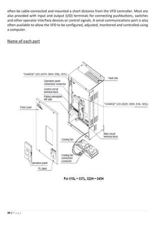 39 | P a g e
often be cable-connected and mounted a short distance from the VFD controller. Most are
also provided with input and output (I/O) terminals for connecting pushbuttons, switches
and other operator interface devices or control signals. A serial communications port is also
often available to allow the VFD to be configured, adjusted, monitored and controlled using
a computer.
Name of each part
 