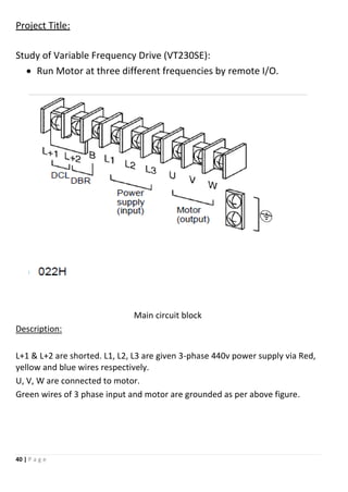 40 | P a g e
Project Title:
Study of Variable Frequency Drive (VT230SE):
 Run Motor at three different frequencies by remote I/O.
Main circuit block
Description:
L+1 & L+2 are shorted. L1, L2, L3 are given 3-phase 440v power supply via Red,
yellow and blue wires respectively.
U, V, W are connected to motor.
Green wires of 3 phase input and motor are grounded as per above figure.
 