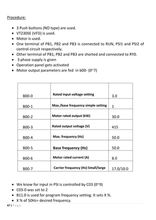 47 | P a g e
Procedure:
 3 Push buttons (NO type) are used.
 VT230SE (VFD) is used.
 Motor is used.
 One terminal of PB1, PB2 and PB3 is connected to RUN, PSI1 and PSI2 of
control circuit respectively.
 Other terminal of PB1, PB2 and PB3 are shorted and connected to RY0.
 3 phase supply is given
 Operation panel gets activated
 Motor output parameters are fed in b00- (0~7)
B00-0 Rated input voltage setting 3.0
B00-1 Max./base frequency simple setting 1
B00-2 Motor rated output (kW) 30.0
B00-3 Rated output voltage (V) 415
B00-4 Max. frequency (Hz) 50.0
B00-5 Base frequency (Hz) 50.0
B00-6 Motor rated current (A) 8.0
B00-7 Carrier frequency (Hz) Small/large 17.0/10.0
 We know for input in PSI is controlled by C03 (0~9)
 C03-0 was set to 2
 B11.0 is used for program frequency setting. It sets X %.
 X % of 50Hz= desired frequency.
 