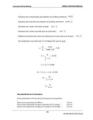 Universidad José Carlos Mariátegui DISEÑO DE ESTRUCTURAS HIDRÁULICAS 
Esfuerzo de compresión por flexión en la fibra extrema: 
Esfuerzo de tracción por flexión en la fibra extrema: 
Esfuerzo de corte concreto simple: 
Esfuerzo de corte asumido por el concreto: 
' 0.27 C f 
Máximo esfuerzo de corte asumido por el concreto y el acero: 
Se empleará concreto de f´c=210kg/cm2, por lo que: 
2 106 
= = = x 
E 
M 
106 
0.45 ' C f 
' 0.595 C f 
ING. OMAR FRANCISCO CASTRO ZEBALLOS 
' 0.53 C f 
= 0.341 
+ 
C 
= 
fc 
f 
n 
fc 
k 
S 
9.20 
15000 210 
E 
n 
S 
j =1− k / 3 = 0.886 
R = 1/ 2× f × j × k = 14.282 C 
As 
× 
b d 
ρ = 
Recubrimiento de la Armadura 
El recubrimiento mínimo de la armadura es el siguiente: 
Estructuras expuestas al relleno : 4.0 cm. 
Estructuras expuestas al agua calmada (V5 m/seg) : 5.0 cm. 
Estructuras expuestas al agua (5 m/segV10 m/seg) : 7.5 cm. 
' 1.18 C f 
f j d 
As 
S × × 
= 
 