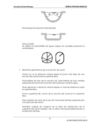Universidad José Carlos Mariátegui DISEÑO DE ESTRUCTURAS HIDRÁULICAS 
11 
ING. OMAR FRANCISCO CASTRO ZEBALLOS 
Rectangular de esquinas redondeadas 
Otros canales 
Se utilizan en alcantarillas de aguas negras, los caudales producen la 
autolimpieza. 
 Elementos geométricos de una sección de canal: 
Tirante (y): es la distancia vertical desde el punto más bajo de una 
sección del canal hasta la superficie libre. 
Profundidad de flujo de la sección (d): profundidad de flujo medida 
perpendicular altura de la sección del canal que contiene agua. 
Nivel: elevación o distancia vertical desde un nivel de referencia hasta 
la superficie libre. 
Ancho superficial (B): ancho de la sección del canal en la superficie 
libre. 
Área mojada (A): área de la sección transversal del flujo perpendicular 
a la dirección del mismo. 
Perímetro mojado (P): longitud de la línea de intersección de la 
superficie del canal mojada y de un plano transversal perpendicular a 
la dirección del flujo. 
 