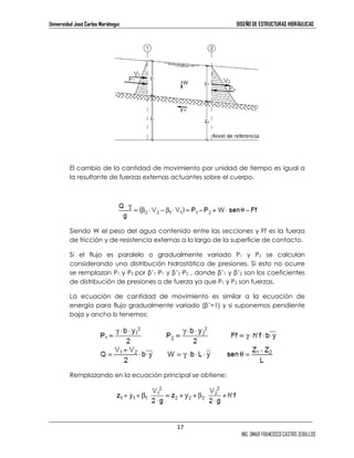 Universidad José Carlos Mariátegui DISEÑO DE ESTRUCTURAS HIDRÁULICAS 
El cambio de la cantidad de movimiento por unidad de tiempo es igual a 
la resultante de fuerzas externas actuantes sobre el cuerpo. 
Siendo W el peso del agua contenido entre las secciones y Ff es la fuerza 
de fricción y de resistencia externas a lo largo de la superficie de contacto. 
Si el flujo es paralelo o gradualmente variado P1 y P2 se calculan 
considerando una distribución hidrostática de presiones. Si esto no ocurre 
se remplazan P1 y P2 por β’1—P1 y β’2—P2 , donde β’1 y β’2 son los coeficientes 
de distribución de presiones o de fuerza ya que P1 y P2 son fuerzas. 
La ecuación de cantidad de movimiento es similar a la ecuación de 
energía para flujo gradualmente variado (β’=1) y si suponemos pendiente 
baja y ancho b tenemos: 
17 
ING. OMAR FRANCISCO CASTRO ZEBALLOS 
Remplazando en la ecuación principal se obtiene: 
 