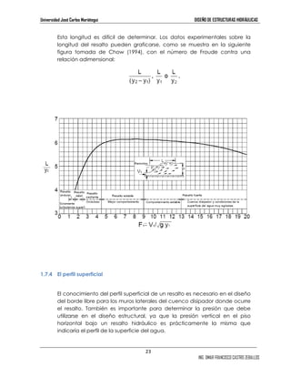 Universidad José Carlos Mariátegui DISEÑO DE ESTRUCTURAS HIDRÁULICAS 
Esta longitud es difícil de determinar. Los datos experimentales sobre la 
longitud del resalto pueden graficarse, como se muestra en la siguiente 
figura tomada de Chow (1994), con el número de Froude contra una 
relación adimensional: 
23 
ING. OMAR FRANCISCO CASTRO ZEBALLOS 
1.7.4 El perfil superficial 
El conocimiento del perfil superficial de un resalto es necesario en el diseño 
del borde libre para los muros laterales del cuenco disipador donde ocurre 
el resalto. También es importante para determinar la presión que debe 
utilizarse en el diseño estructural, ya que la presión vertical en el piso 
horizontal bajo un resalto hidráulico es prácticamente la misma que 
indicaría el perfil de la superficie del agua. 
 
