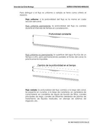 Universidad José Carlos Mariátegui DISEÑO DE ESTRUCTURAS HIDRÁULICAS 
Para distinguir si el flujo es uniforme o variado se tiene como criterio el 
espacio. 
Flujo uniforme: si la profundidad del flujo es la misma en cada 
sección del canal. 
Flujo uniforme permanente: la profundidad del flujo no cambia 
durante el intervalo de tiempo en consideración. 
Flujo uniforme no permanente: la superficie del agua fluctúa de un 
tiempo a otro, pero permaneciendo paralela al fondo del canal. Es 
prácticamente imposible. 
Flujo variado: la profundidad del flujo cambia a lo largo del canal. 
Se presenta en cunetas, a lo largo de carreteras, en vertederos de 
canal lateral, en canaletas de aguas de lavado de filtros, canales 
principales de riego, canales de efluentes alrededor de plantas de 
tratamiento de líquidos residuales, en drenaje de sistemas de 
irrigación, etc. 
5 
ING. OMAR FRANCISCO CASTRO ZEBALLOS 
 