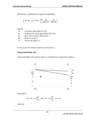 Universidad José Carlos Mariátegui DISEÑO DE ESTRUCTURAS HIDRÁULICAS 
3 2 
α3V3 
2g 
+ ⋅ Z2 + Y2 α2 
:= + ⋅ + hc + hf 
68 
hf 
α2V2 
2g 
ING. OMAR FRANCISCO CASTRO ZEBALLOS 
Eliminando γ obtenemos la siguiente igualdad: 
1 
2 
2 − ⋅ ⋅B1 
Donde: 
Q : Caudal a derivarse en m3/s. 
g : Aceleración de la gravedad 9.81 m/s2. 
B1 : Base del canal de derivación. 
B2 : Base en el eje 2. 
Y1 : Tirante de agua Y1. 
En la ecuación anterior hallamos en tirante Y2 
Cálculo del tirante [Y3] 
Aplicando Bernoulli entre los ejes 2 y 3 obtenemos el siguiente gráfico: 
Del gráfico 
Además 
Y2 
⋅ 2 ⋅B2 
1 
2 
Y1 
Q 
g 
Q 
(B1⋅Y1) 
Q 
(B2⋅Y2) 
−  
 
:= ⋅ 
Z3 + Y3 α3 
V3 
2 
2⋅g 
V2 
2 
2⋅g 
Z 
Y2 
Y3 
hc 
3 Z 2 
 