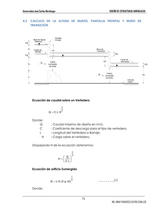 Universidad José Carlos Mariátegui DISEÑO DE ESTRUCTURAS HIDRÁULICAS 
4.5 CALCULO DE LA ALTURA DE MUROS, PANTALLA FRONTAL Y MURO DE 
71 
Cota de 
ING. OMAR FRANCISCO CASTRO ZEBALLOS 
TRANSICIÓN 
orificio 
sumergido 
de borde 
Nivel de Aguas 
Máximas 
Ecuación de caudal sobre un Vertedero 
Donde: 
3 
2 := ⋅ 
Q : Caudal máximo de diseño en m3/s. 
C : Coeficiente de descarga para el tipo de vertedero. 
L : Longitud del Vertedero o Barraje. 
H : Carga sobre el vertedero. 
Despejando H de la ecuación obtenemos: 
Ecuación de orificio Sumergido 
_ _ _ _ _ _ _(1) 
Donde: 
Q C⋅L H 
H 
Q 
C⋅L 
 
 
2 
3 
:= 
1 
2 := c ⋅ 
Q c⋅A (2⋅g⋅h) 
Cresta de 
Barraje 
Pantalla 
Frontal 
Muro de 
Transición 
Canal de 
Derivación 
Orificio 
sumergido 
de fondo 
H 
Y4 
h 
h1 
h2 
FS 
Yn 
Q 
Q 
Canal 
FS 
FS 
FS 
 