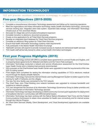 y • Strong • Unified • Tribes • Healthy • Strong • Unified • Tribes • Healthy • Strong • Unified • Tribes • Healthy • Strong • Unified • Tribes • Healthy • Strong • Unified • Tribes • Healthy • Strong • Unified • Tribes • Healthy • St
Healthy • Strong • Unified • Tribes • Healthy • Strong • Unified • Tribes • Healthy • Strong • Unified • Tribes • Healthy • Strong • Unified • Tribes • Healthy • Strong • Unified • Tribes • Healthy • Strong • Unified • Tribes • Heal
• Unified • Tribes • Healthy • Strong • Unified • Tribes • Healthy • Strong • Unified • Tribes • Healthy • Strong • Unified • Tribes • Healthy • Strong • Unified • Tribes • Healthy • Strong • Unified • Tribes • Healthy • Strong • Un
Tribes • Healthy • Strong • Unified • Tribes • Healthy • Strong • Unified • Tribes • Healthy • Strong • Unified • Tribes • Healthy • Strong • Unified • Tribes • Healthy • Strong • Unified • Tribes • Healthy • Strong • Unified • Tribes • H
g • Unified • Tribes • Healthy • Strong • Unified • Tribes • Healthy • Strong • Unified • Tribes • Healthy • Strong • Unified • Tribes • Healthy • Strong • Unified • Tribes • Healthy • Strong • Unified • Tribes • Healthy • Strong • U
ealthy • Strong • Unified • Tribes • Healthy • Strong • Unified • Tribes • Healthy • Strong • Unified • Tribes • Healthy • Strong • Unified • Tribes • Healthy • Strong • Unified • Tribes • Healthy • Strong • Unified • Tribes • Healthy •
ied • Tribes • Healthy • Strong • Unified • Tribes • Healthy • Strong • Unified • Tribes • Healthy • Strong • Unified • Tribes • Healthy • Strong • Unified • Tribes • Healthy • Strong • Unified • Tribes • Healthy • Strong • Unified
Five-year Objectives (2015-2020)
•	 Information Technology worked with DRS to complete lease agreements to connect Huslia and Hughes, and
is preparing lease agreements for Allakaket and Alatna and the Yukon Flats subregion.
•	 Information Technology conducted a network and service infrastructure assessment for the Chief Andrew
Isaac Health Center and is initiating improvements recommended.
•	 200 computers at the Chief Andrew Isaac Health Center were upgraded to meet the requirements of the new
ICD-10 coding system.
•	 Final stages were completed for testing the information sharing capabilities of TCC’s electronic medical
record through the Alaska eHealth Network.
•	 Information Technology improved the internal Oracle Learning Management System to better support on-line
training for staff in Fairbanks and the villages.
•	 The new Tok clinic facility was connected to the TCC network.
•	 The Chief Peter John Tribal Building core network hardware was upgraded to increase bandwidth and
resilience to network outages.
•	 TCC has reorganized the structure of its Information Technology Governance Group to better prioritize and
plan for improvement of Information Technology services.
•	 Information Technology has begun developing a USDA Community Connect grant application for deployment
of broadband internet in communities with DRS terrestrial towers.
•	 Information Technology has been working with the Native Nations Broadband Task Force and the Federal
Communications Commission to obtain more subsidies for health care connectivity and for internet access
through the LifeLine Program.
•	 All Tribal Client Services (Realty, Client Development, and Tribal Development) applications are available
on-line.
•	 Complete a comprehensive Information Technology assessment and follow-up for improving operations
•	 Meet the organizations and tribes information technology needs (health information technology, community
services tracking tool, integrated client data system, expanded data storage, and Information Technology
infrastructure at TCC and tribal offices)
•	 Advocate for village tele-communications/broadband expansion
•	 Complete transition to electronic document processing
•	 Create on-line applications for all Tribal Client Services programs
•	 Develop an integrated client database for Tribal Client Services programs
•	 Complete an electronic filing system for Tribal Client Services
•	 Ensure that health information technology systems meet requirements
•	 Fully participate in the Alaska Health Information Exchange
•	 Telehealth services will expand to provide increased access to medical and behavioral health services
•	 TCC health staff will be fully trained to utilize current health information technologies
First year Progress Highlights (2015)
INFORMATION TECHNOLOGY
T C C w i l l p r o v i d e e x c e l l e n t i n f o r m a t i o n t e c h n o l o g y i n s u p p o r t o f i t s s e r v i c e s
Page 11
Page 39
 