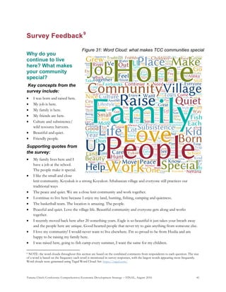 Tanana Chiefs Conference Comprehensive Economic Development Strategy – FINAL, August 2016 41
Figure 31: Word Cloud: what makes TCC communities special
Survey Feedback8F
9
Why do you
continue to live
here? What makes
your community
special?
Key concepts from the
survey include:
 I was born and raised here.
 My job is here.
 My family is here.
 My friends are here.
 Culture and subsistence/
wild resource harvests.
 Beautiful and quiet.
 Friendly people.
Supporting quotes from
the survey:
 My family lives here and I
have a job at the school.
The people make it special.
 I like the small and close
knit community. Koyukuk is a strong Koyukon Athabascan village and everyone still practices our
traditional ways
 The peace and quiet. We are a close knit community and work together.
 I continue to live here because I enjoy my land, hunting, fishing, camping and quietness.
 The basketball team. The location is amazing. The people.
 Peaceful and quiet. Love the village life. Beautiful community and everyone gets along and works
together.
 I recently moved back here after 20 something years. Eagle is so beautiful it just takes your breath away
and the people here are unique. Good hearted people that never try to gain anything from someone else.
 I love my community! I would never want to live elsewhere. I'm so proud to be from Huslia and am
happy to be raising my family here.
 I was raised here, going to fish camp every summer, I want the same for my children.
9 NOTE: the word clouds throughout this section are based on the combined comments from respondents to each question. The size
of a word is based on the frequency each word is mentioned in survey responses, with the largest words appearing most frequently.
Word clouds were generated using Tagul Word Cloud Art: https://tagul.com/
 