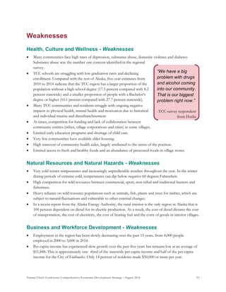 Tanana Chiefs Conference Comprehensive Economic Development Strategy –August 2016 53
“We have a big
problem with drugs
and alcohol coming
into our community.
That is our biggest
problem right now.”
-TCC survey respondent
from Huslia
Weaknesses
Health, Culture and Wellness - Weaknesses
 Many communities face high rates of depression, substance abuse, domestic violence and diabetes.
Substance abuse was the number one concern identified in the regional
survey.
 TCC schools are struggling with low graduation rates and declining
enrollment. Compared with the rest of Alaska, five-year estimates from
2010 to 2014 indicate that the TCC region has a larger proportion of the
population without a high school degree (17.5 percent compared with 8.2
percent statewide) and a smaller proportion of people with a Bachelor’s
degree or higher (10.1 percent compared with 27.7 percent statewide).
 Many TCC communities and residents struggle with ongoing negative
impacts to physical health, mental health and motivation due to historical
and individual trauma and disenfranchisement.
 At times, competition for funding and lack of collaboration between
community entities (tribes, village corporations and cities) in some villages.
 Limited early education programs and shortage of child care.
 Very few communities have available elder housing.
 High turnover of community health aides, largely attributed to the stress of the position.
 Limited access to fresh and healthy foods and an abundance of processed foods in village stores.
Natural Resources and Natural Hazards - Weaknesses
 Very cold winter temperatures and increasingly unpredictable weather throughout the year. In the winter
during periods of extreme cold, temperatures can dip below negative 60 degrees Fahrenheit.
 High competition for wild resources between commercial, sport, non-tribal and traditional hunters and
fishermen.
 Heavy reliance on wild resource populations such as animals, fish, plants and trees for timber, which are
subject to natural fluctuations and vulnerable to other external changes.
 In a recent report from the Alaska Energy Authority, the rural interior is the only region in Alaska that is
100 percent dependent on diesel for its electric production. As a result, the cost of diesel dictates the cost
of transportation, the cost of electricity, the cost of heating fuel and the costs of goods in interior villages.
Business and Workforce Development - Weaknesses
 Employment in the region has been slowly decreasing over the past 15 years, from 4,000 people
employed in 2000 to 3,600 in 2014.
 Per capita income has experienced slow growth over the past five years but remains low at an average of
$11,848. This is approximately one- third of the statewide per capita income and half of the per capita
income for the City of Fairbanks. Only 14 percent of residents made $50,000 or more per year.
 