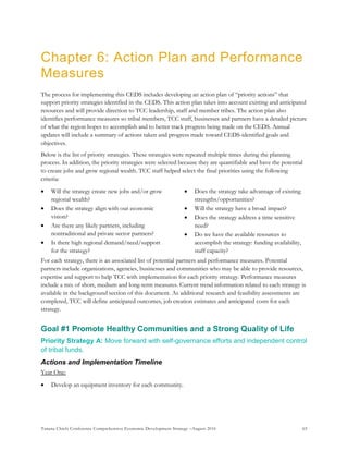 Tanana Chiefs Conference Comprehensive Economic Development Strategy –August 2016 65
Chapter 6: Action Plan and Performance
Measures
The process for implementing this CEDS includes developing an action plan of “priority actions” that
support priority strategies identified in the CEDS. This action plan takes into account existing and anticipated
resources and will provide direction to TCC leadership, staff and member tribes. The action plan also
identifies performance measures so tribal members, TCC staff, businesses and partners have a detailed picture
of what the region hopes to accomplish and to better track progress being made on the CEDS. Annual
updates will include a summary of actions taken and progress made toward CEDS-identified goals and
objectives.
Below is the list of priority strategies. These strategies were repeated multiple times during the planning
process. In addition, the priority strategies were selected because they are quantifiable and have the potential
to create jobs and grow regional wealth. TCC staff helped select the final priorities using the following
criteria:
 Will the strategy create new jobs and/or grow
regional wealth?
 Does the strategy align with our economic
vision?
 Are there any likely partners, including
nontraditional and private sector partners?
 Is there high regional demand/need/support
for the strategy?
 Does the strategy take advantage of existing
strengths/opportunities?
 Will the strategy have a broad impact?
 Does the strategy address a time sensitive
need?
 Do we have the available resources to
accomplish the strategy: funding availability,
staff capacity?
For each strategy, there is an associated list of potential partners and performance measures. Potential
partners include organizations, agencies, businesses and communities who may be able to provide resources,
expertise and support to help TCC with implementation for each priority strategy. Performance measures
include a mix of short, medium and long-term measures. Current trend information related to each strategy is
available in the background section of this document. As additional research and feasibility assessments are
completed, TCC will define anticipated outcomes, job creation estimates and anticipated costs for each
strategy.
Goal #1 Promote Healthy Communities and a Strong Quality of Life
Priority Strategy A: Move forward with self-governance efforts and independent control
of tribal funds.
Actions and Implementation Timeline
Year One:
 Develop an equipment inventory for each community.
 