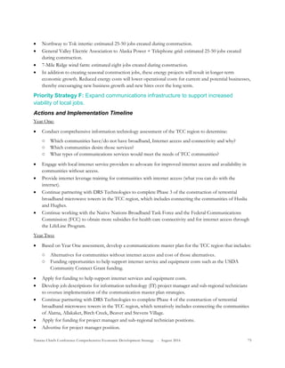 Tanana Chiefs Conference Comprehensive Economic Development Strategy - August 2016 75
 Northway to Tok intertie: estimated 25-50 jobs created during construction.
 General Valley Electric Association to Alaska Power + Telephone grid: estimated 25-50 jobs created
during construction.
 7-Mile Ridge wind farm: estimated eight jobs created during construction.
 In addition to creating seasonal construction jobs, these energy projects will result in longer-term
economic growth. Reduced energy costs will lower operational costs for current and potential businesses,
thereby encouraging new business growth and new hires over the long term.
Priority Strategy F: Expand communications infrastructure to support increased
viability of local jobs.
Actions and Implementation Timeline
Year One:
 Conduct comprehensive information technology assessment of the TCC region to determine:
○ Which communities have/do not have broadband, Internet access and connectivity and why?
○ Which communities desire those services?
○ What types of communications services would meet the needs of TCC communities?
 Engage with local internet service providers to advocate for improved internet access and availability in
communities without access.
 Provide internet leverage training for communities with internet access (what you can do with the
internet).
 Continue partnering with DRS Technologies to complete Phase 3 of the construction of terrestrial
broadband microwave towers in the TCC region, which includes connecting the communities of Huslia
and Hughes.
 Continue working with the Native Nations Broadband Task Force and the Federal Communications
Commission (FCC) to obtain more subsidies for health care connectivity and for internet access through
the LifeLine Program.
Year Two:
 Based on Year One assessment, develop a communications master plan for the TCC region that includes:
○ Alternatives for communities without internet access and cost of those alternatives.
○ Funding opportunities to help support internet service and equipment costs such as the USDA
Community Connect Grant funding.
 Apply for funding to help support internet services and equipment costs.
 Develop job descriptions for information technology (IT) project manager and sub-regional technicians
to oversee implementation of the communication master plan strategies.
 Continue partnering with DRS Technologies to complete Phase 4 of the construction of terrestrial
broadband microwave towers in the TCC region, which tentatively includes connecting the communities
of Alatna, Allakaket, Birch Creek, Beaver and Stevens Village.
 Apply for funding for project manager and sub-regional technician positions.
 Advertise for project manager position.
 