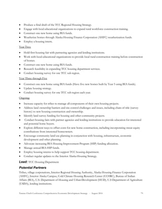 Tanana Chiefs Conference Comprehensive Economic Development Strategy - August 2016 79
 Produce a final draft of the TCC Regional Housing Strategy.
 Engage with local educational organizations to expand rural workforce construction training.
 Construct one new home using BIA funds.
 Weatherize homes through Alaska Housing Finance Corporation (AHFC) weatherization funds.
 Employ a housing intern.
Year Two:
 Hold first housing fair with partnering agencies and lending institutions.
 Work with local educational organizations to provide local rural construction training before construction
of homes.
 Construct one new home using BIA funds.
 Research feasibility in expanding TCC housing department services.
 Conduct housing survey for one TCC sub region.
Year Three through Five
 Construct one new home using BIA funds (Have five new homes built by Year 5 using BIA funds).
 Update housing strategy.
 Conduct housing survey for one TCC sub region each year.
Ongoing:
 Increase capacity for tribes to manage all components of their own housing projects.
 Address land ownership barriers and site control challenges and issues, including chain of title (survey
history) to new housing construction and ownership.
 Identify land survey funding for housing and other community projects.
 Conduct housing fairs with partner agencies and lending institutions to provide education for interested
and potential home buyers.
 Explore different ways to offset costs for new home construction, including incorporating sweat equity
contributions from interested homeowners.
 Encourage community land use planning in conjunction with housing, infrastructure, economic
development and other planning.
 Advocate increasing BIA Housing Improvement Program (HIP) funding allocation.
 Manage annual BIA HIP funds.
 Employ housing interns to help support TCC housing department.
 Conduct regular updates to the Interior Alaska Housing Strategy.
Lead: TCC Housing Department
Potential Partners
Tribes, village corporations, Interior Regional Housing Authority, Alaska Housing Finance Corporation
(AHFC), Interior Alaska Campus, Cold Climate Housing Research Center (CCHRC), Bureau of Indian
Affairs (BIA), U.S. Department of Housing and Urban Development (HUD), U.S Department of Agriculture
(USDA), lending institutions.
 