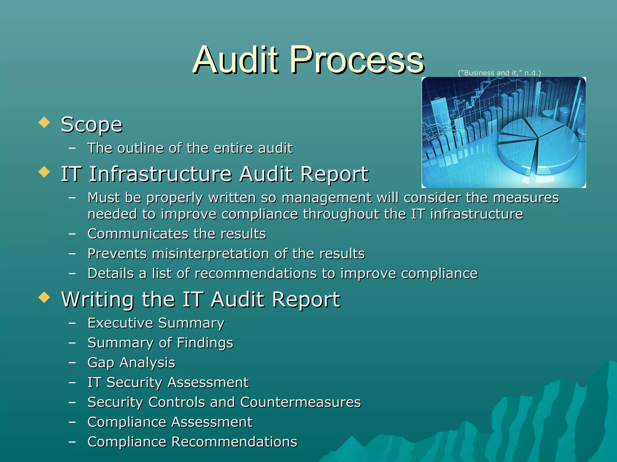 Audit ProcessAudit Process
 ScopeScope
– The outline of the entire auditThe outline of the entire audit
 IT Infrastructure Audit ReportIT Infrastructure Audit Report
– Must be properly written so management will consider the measuresMust be properly written so management will consider the measures
needed to improve compliance throughout the IT infrastructureneeded to improve compliance throughout the IT infrastructure
– Communicates the resultsCommunicates the results
– Prevents misinterpretation of the resultsPrevents misinterpretation of the results
– Details a list of recommendations to improve complianceDetails a list of recommendations to improve compliance
 Writing the IT Audit ReportWriting the IT Audit Report
– Executive SummaryExecutive Summary
– Summary of FindingsSummary of Findings
– Gap AnalysisGap Analysis
– IT Security AssessmentIT Security Assessment
– Security Controls and CountermeasuresSecurity Controls and Countermeasures
– Compliance AssessmentCompliance Assessment
– Compliance RecommendationsCompliance Recommendations
(“Business and it,” n.d.)
 