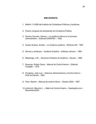 49




                          BIBLIOGRAFÍA


1. Boletín 11-2006 del Instituto de Contadores Públicos y Auditores.


2. Octavo congreso de estudiantes de Contaduría Pública.

3. Soriano Guzmán, Genaro ± La auditoría interna en el proceso
   administrativo ± Editorial CENAPEC ± 1992.


4. Suárez Suárez, Andrés ± La moderna auditoría ± McGraw Hill ± 1991


5. Skinner y Anderson ± Auditoría Analítica ± Editores Libreros ± 1969


6. Madariaga, J.M. ± Nociones Prácticas de Auditoría ± Deusto ± 1986


7. Rusenas, Rubén Oscar ± Manual de Control Interno ± Editorial
   Cangallo ± 1978


8. Pungitore, José Luis ± Sistemas Administrativos y Control Interno ±
   Club de Estudio - 1994


9. Poch, Ramón ± Manual de control interno ± Gestión 2000 ± 1997


10. Lefcovich, Mauricio L. ± Matriz de Control Interno ± Gestiopolis.com ±
    Noviembre/2003
 