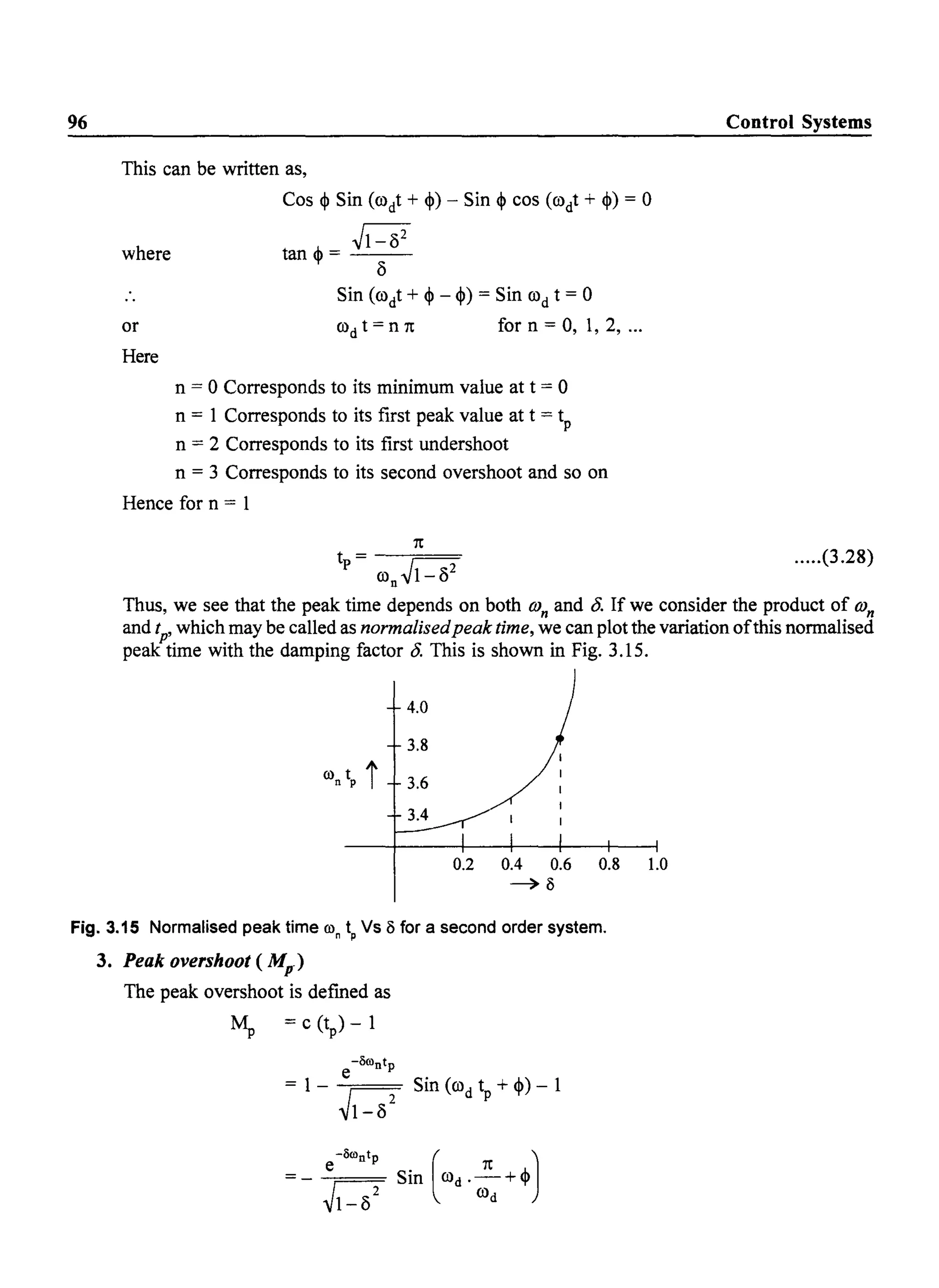 96
This can be written as,
where
or
Here
Cos ~ Sin (rodt + ~) - Sin ~ cos (rodt + ~) = 0
~1-o2
tan~= 0
for n = 0, 1, 2, ...
n = 0 Corresponds to its minimum value at t = 0
n = 1 Corresponds to its first peak value at t = tp
n = 2 Corresponds to its first undershoot
n = 3 Corresponds to its second overshoot and so on
Hence for n = 1
1t
t = -----;===
p ron~
Control Systems
.....(3.28)
Thus, we see that the peak time depends on both wn and 15. If we consider the product of wn
and tp' which may be called as normalisedpeak time, we can plot the variation ofthis normalised
peak time with the damping factor t5. This is shown in Fig. 3.15.
4.0
3.8
3.6
0.2 0.4 0.6 0.8 1.0
~o
Fig. 3.15 Normalised peak time ron tp Vs 0 for a second order system.
3. Peak overshoot ( MJT)
The peak overshoot is defmed as
~ = c (tp) - 1
 