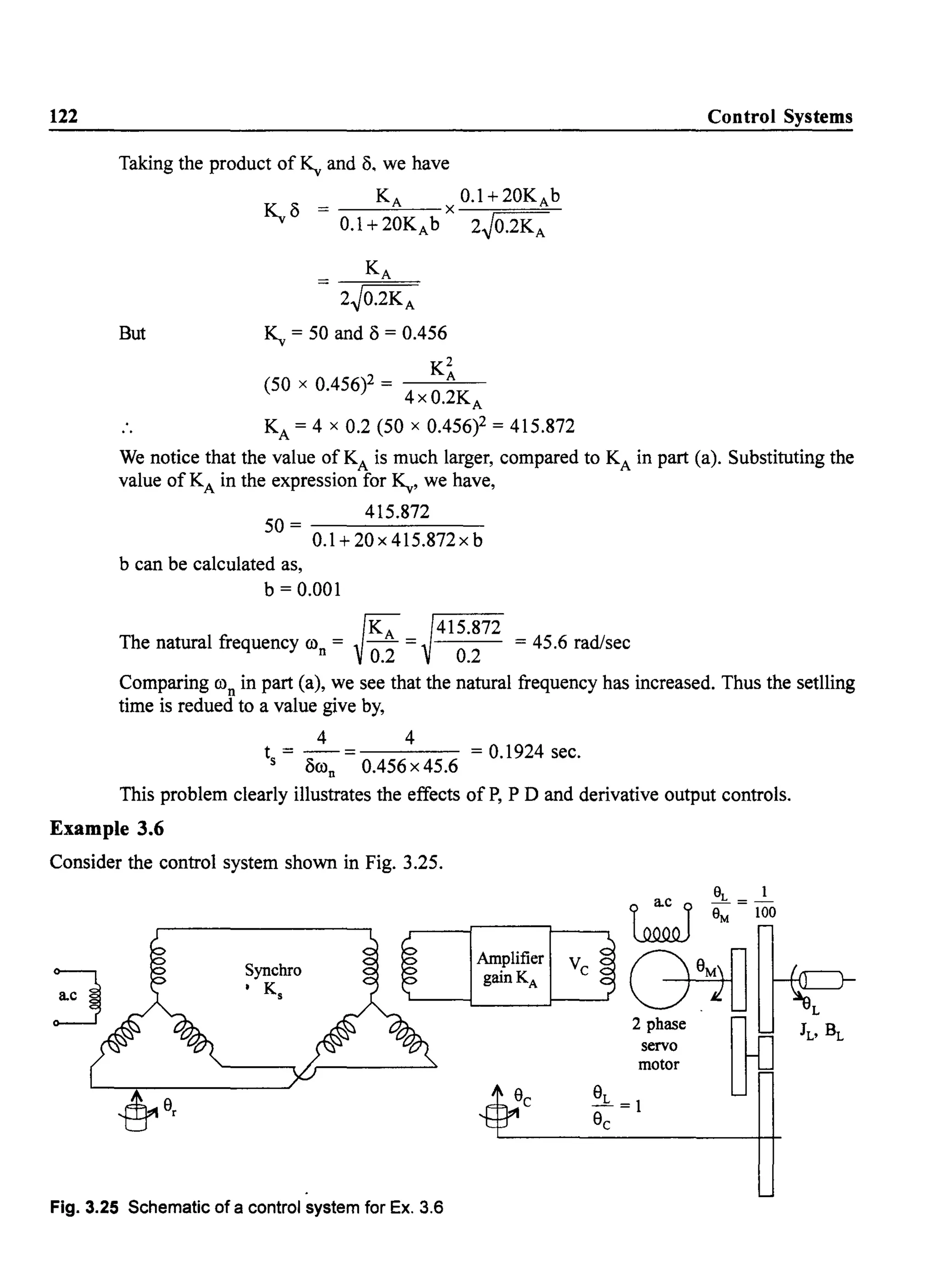 122 Control Systems
Taking the product of ~ and 0, we have
KA 0.1+20KAb
~o = x--===-
0.1 + 20KAb 2~0.2KA
KA
2~0.2KA
But ~ = 50 and 0 = 0.456
x 2 _ K~
(50 0.456) - 4xO.2KA
KA = 4 x 0.2 (50 x 0.456)2 = 415.872
We notice that the value of KA is much larger, compared to KA in part (a). Substituting the
value of KA in the expression for ~, we have,
415.872
50=-------
0.1 + 20x 415.872x b
b can be calculated as,
b = 0.001
{K; ~415.872
The natural frequency ron = V02 = 0.2 = 45.6 rad/sec
Comparing ron in part (a), we see that the natural frequency has increased. Thus the setlling
time is redued to a value give by,
4 4
t = -= = 0.1924 sec.
s oron 0.456 x 45.6
This problem clearly illustrates the effects of P, P D and derivative output controls.
Example 3.6
Consider the control system shown in Fig. 3.25.
Synchro
• Ks
Fig. 3.25 Schematic of a control system for Ex. 3.6
Amplifier
gainKA
ac 8L = J.-
~ 8M 100
G7{]
servo
motor
9L
-=1
9c
 