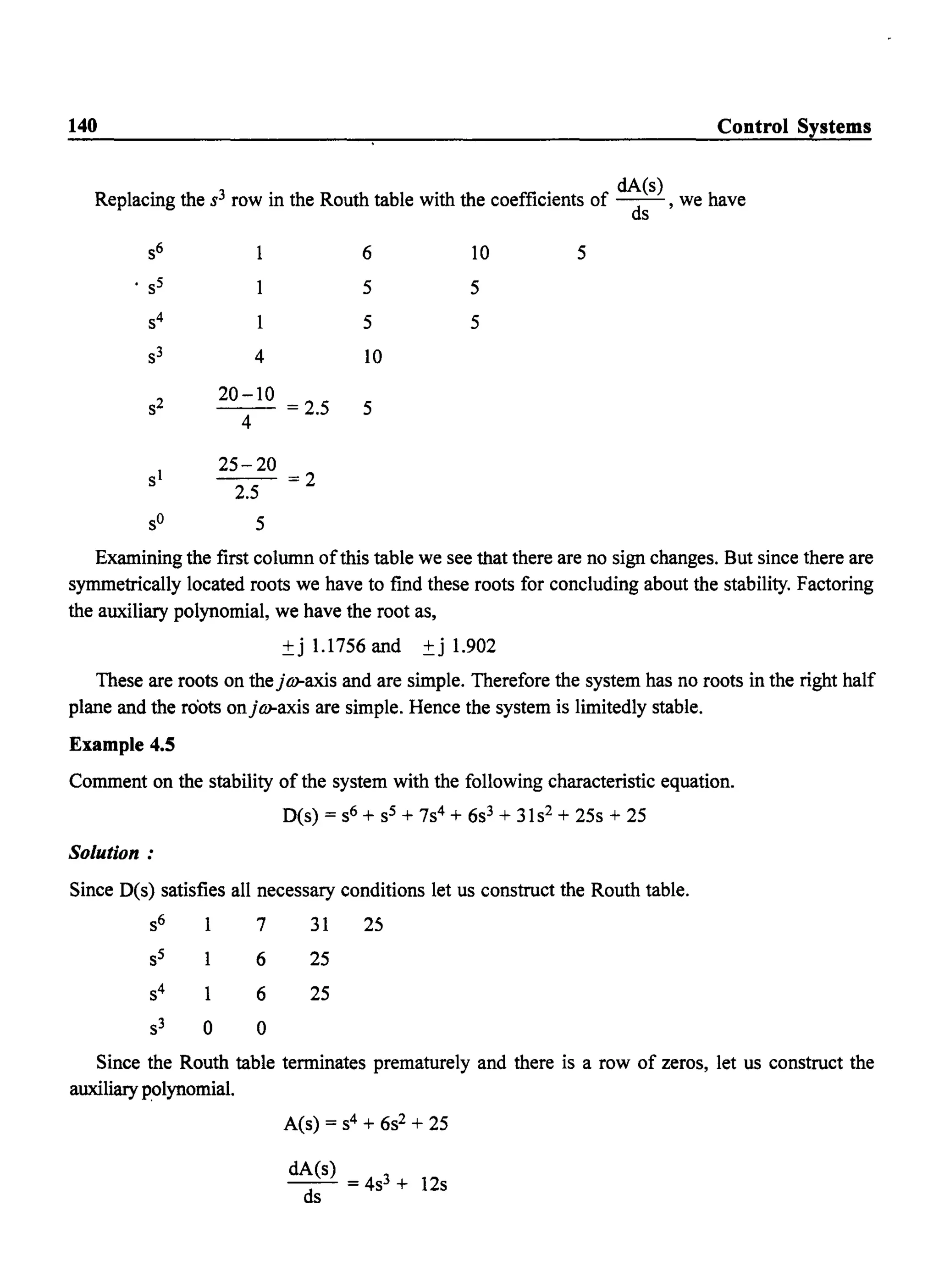 140 Control Systems
Replacing the s3 row in the Routh table with the coefficients of ~~s) , we have
S6 6 10 5
. s5 5 5
S4 5 5
s3 4 10
s2
20-10
4
= 2.5 5
sl
25-20
2.5
=2
sO 5
Examining the first column ofthis table we see that there are no sign changes. But since there are
symmetrically located roots we have to find these roots for concluding about the stability. Factoring
the auxiliary polynomial, we have the root as,
±j 1.1756 and ±j 1.902
These are roots on thejli}-axis and are simple. Therefore the system has no roots in the right half
plane and the roots onjli}-axis are simple. Hence the system is limitedly stable.
Example 4.5
Comment on the stability of the system with the following characteristic equation.
D(s) = s6 + s5 + 7s4+ 6s3 + 31s2+ 25s + 25
Solution:
Since D(s) satisfies all necessary conditions let us construct the Routh table.
1
o
7
6
6
o
31
25
25
25
Since the Routh table terminates prematurely and there is a row of zeros, let us construct the
auxiliary polynomial.
A(s) = s4 + 6s2 + 25
d~~S) = 4s3 + 12s
 