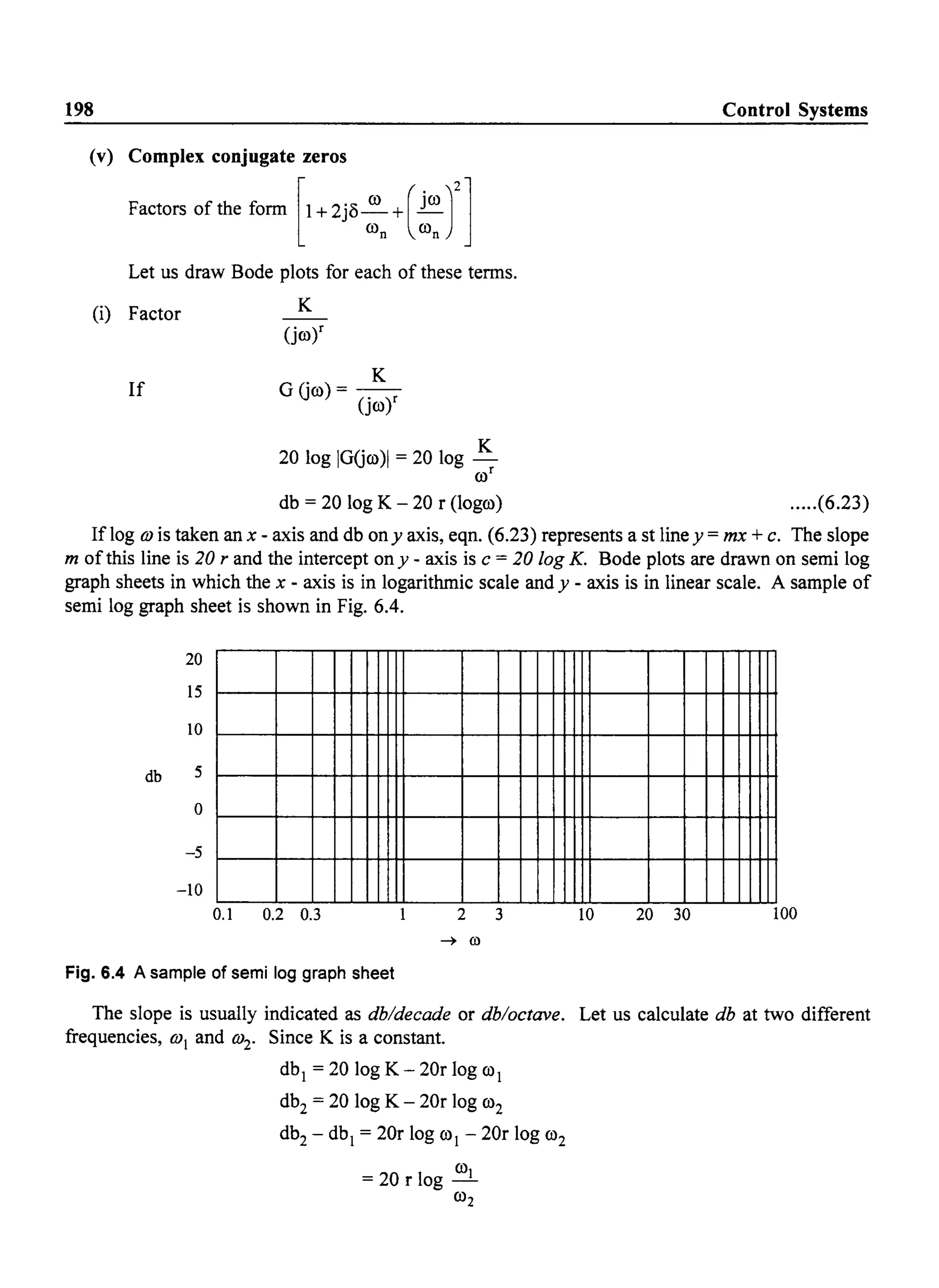 198
(v) Complex conjugate zeros
Factors of the form [1+2iO:, +( ~:r:
Let us draw Bode plots for each of these tenns.
(i) Factor
If
K
(jroY
. K
GGro)= - -
(jroY
20 log IGGro)1 = 20 log ~
roT
db = 20 log K - 20 r (lagro)
Control Systems
.....(6.23)
Iflog (j) is taken an x - axis and db any axis, eqn. (6.23) represents a st line y = mx + c. The slope
m of this line is 20 r and the intercept any - axis is c = 20 log K. Bode plots are drawn on semi log
graph sheets in which the x - axis is in logarithmic scale and y-axis is in linear scale. A sample of
semi log graph sheet is shown in Fig. 6.4.
20
15
10
db 5
0
-5
-10
0.1 0.2 0.3 2 3 10 20 30 100
Fig. 6.4 A sample of semi log graph sheet
The slope is usually indicated as db/decade or db/octave. Let us calculate db at two different
frequencies, (j)1 and (j)2' Since K is a constant.
dbl = 20 log K - 20r log ro l
db2 = 20 log K - 20r log ro2
db2 - dbl = 20r log ro l - 20r log ro2
ro= 20 r log _1
ro2
 